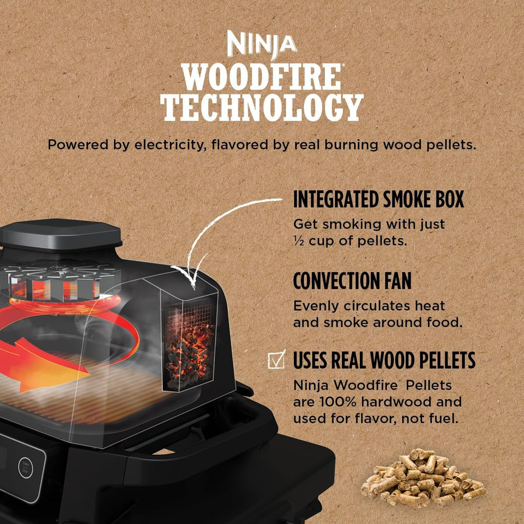 Ninja OG751 Woodfire Pro Outdoor Grill Built-In Thermometer 7-in-1 Master Grill BBQ Smoker & Outdoor Air Fryer Plus Bake Roast Dehydrate & Broil Woodfire Technology Weather-Resistant Grey XL