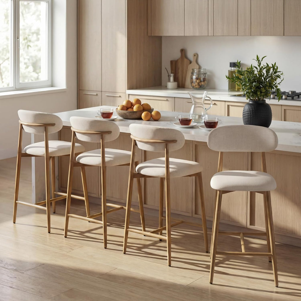 AQO Counter Height Bar Stools Set of 4, Upholstered Counter Stools Modern Barstools with Metal Legs for Kitchen Island Dining Room, Beige