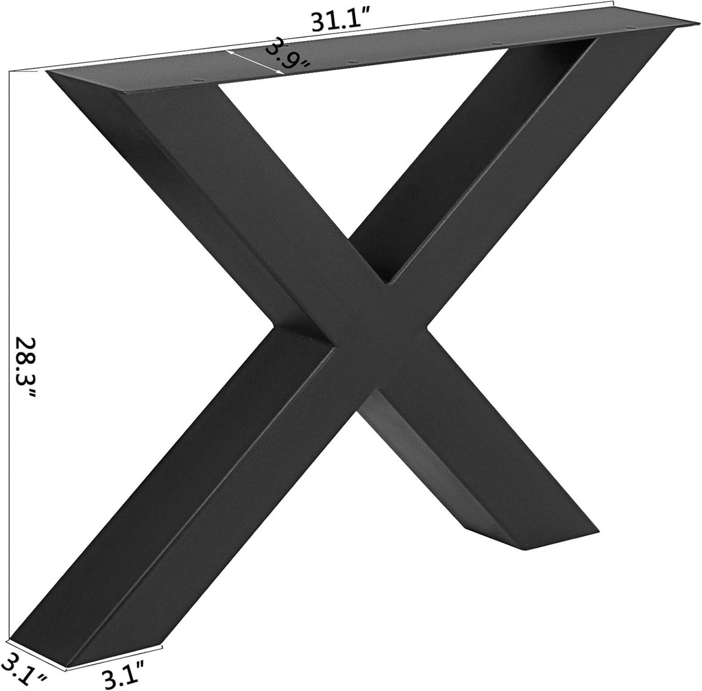 VEVOR Set of 2 Steel Table Legs, 28 Height 31 Wide Dining Table Legs,Heavy Duty 3.1" Square Box Section X Frame Table Legs,28x31x3.1 Inch Black Color Industrial Country Style Metal Dining Legs