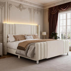 Queen Upholstered Bed Frame with Headboard and Footboard, Boucle and Velvet Bed Frame with LED Lights, Modern Platform Bed Frame, Noiseless, Easy Assembly, White