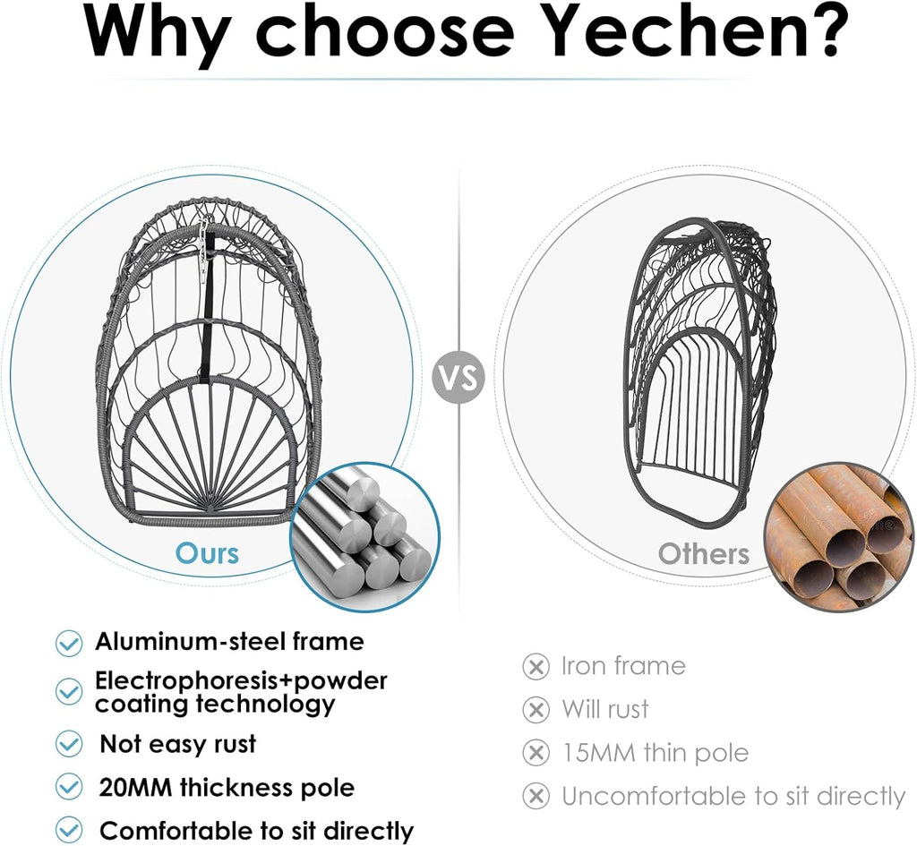 Yechen Swing Egg Chair Without Stand Indoor Outdoor, Foldable Wicker Rattan Hanging Egg Chairs Hammock Egg Basket Chair with Aluminum Frame & UV Resistant Cushions for Bedroom Patio Porch