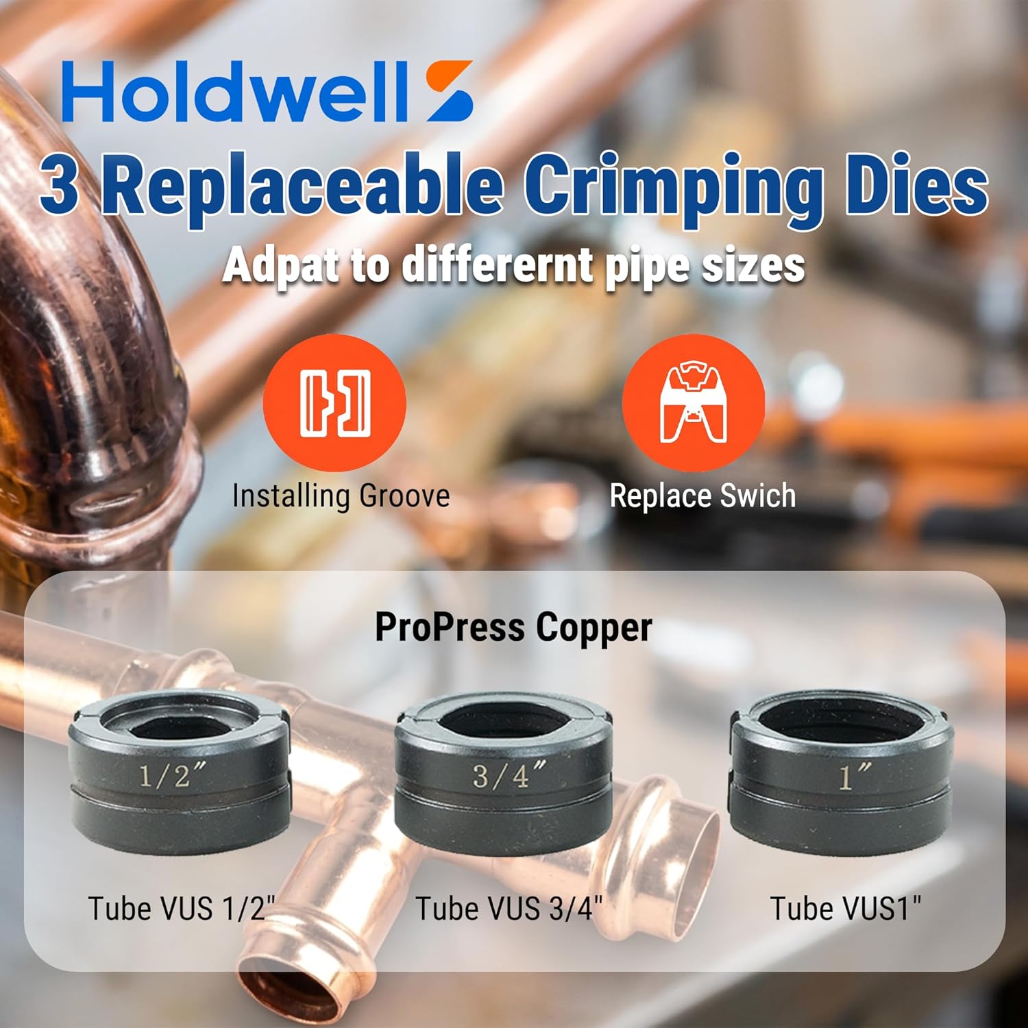 HoldwellS Copper Pipe Crimping Tool 3 VUS Jaws (1/2",3/4",1") for Copper Pipes 360° Rotatable Head with Pipe Cutter & Deburring Tool, Copper Tube for Narrow Space/Tee/Elbow Fittings with Carrying Case