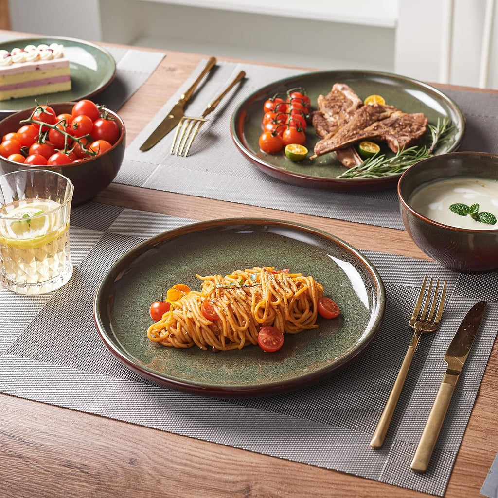 Pokini Stoneware Dinnerware Sets Service for 4, 12 pcs Reactive Glaze Plates and Bowls Sets, Handmade Ceramic Dish Set, Highly Chip and Crack Resistant Modern Plate Set, Brown Green