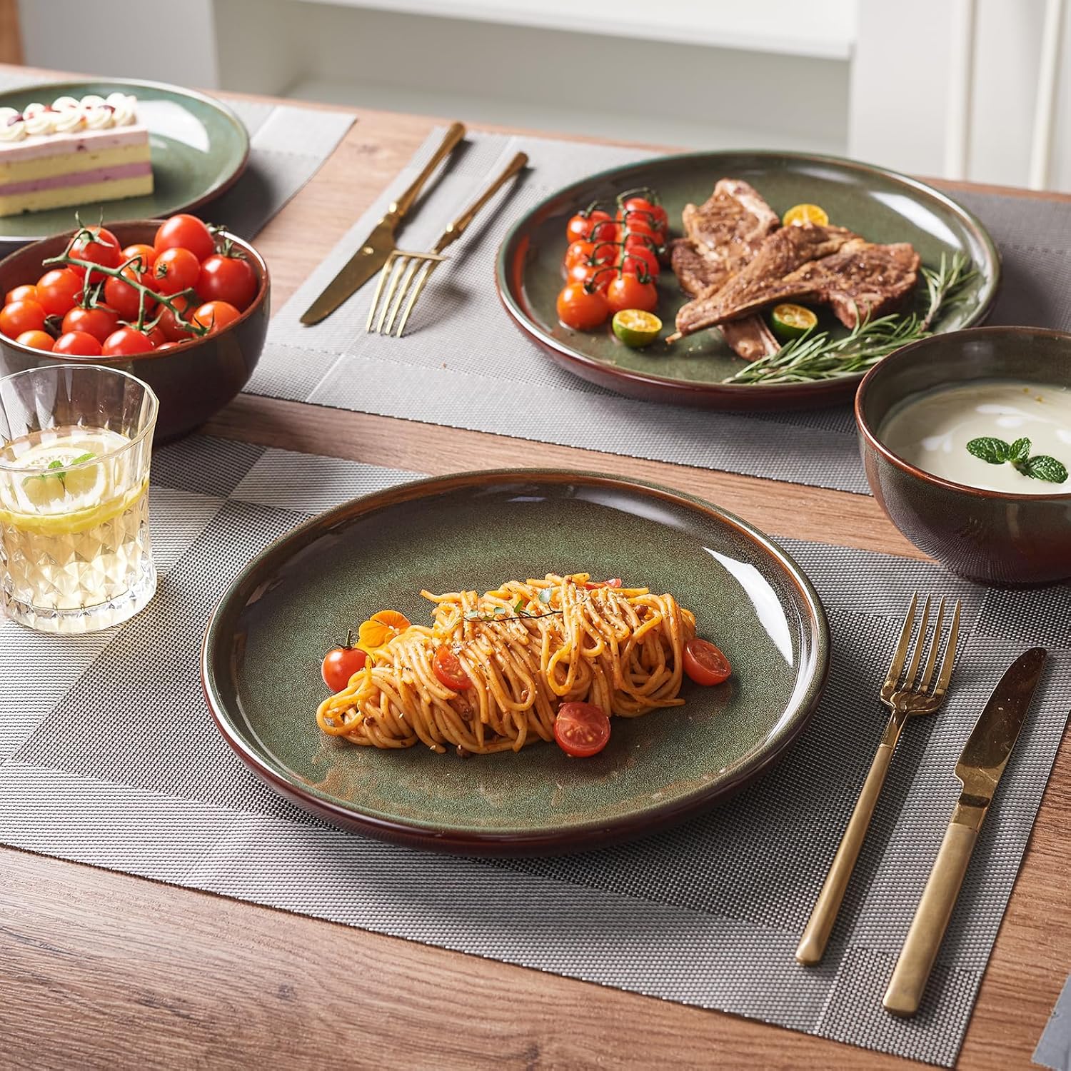 Pokini Stoneware Dinnerware Sets Service for 4, 12 pcs Reactive Glaze Plates and Bowls Sets, Handmade Ceramic Dish Set, Highly Chip and Crack Resistant Modern Plate Set, Brown Green