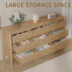 CHUWELL Oak Dresser for Bedroom, 63" Wide Mid Century Modern Chest of Drawers with 9 Large Storage Space and 4 Solid Wood Cylindrical Legs, 9 Drawer Large Dresser for Bedroom