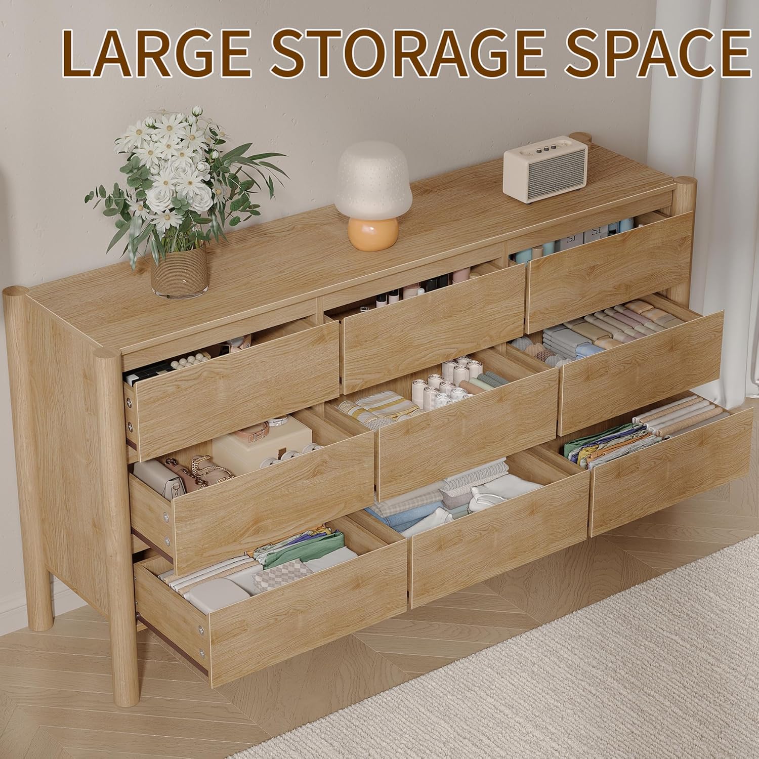 CHUWELL Oak Dresser for Bedroom, 63" Wide Mid Century Modern Chest of Drawers with 9 Large Storage Space and 4 Solid Wood Cylindrical Legs, 9 Drawer Large Dresser for Bedroom
