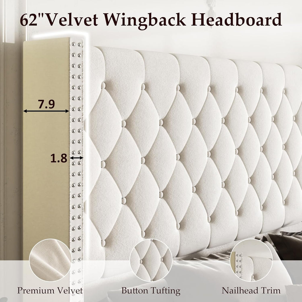 King Size Bed Frame, Upholstered Platform Bed with 62" Tall Wingback Headboard, Velvet Modern Luxury Design, No Box Spring Needed, Easy Assembly, Noise Free, Beige