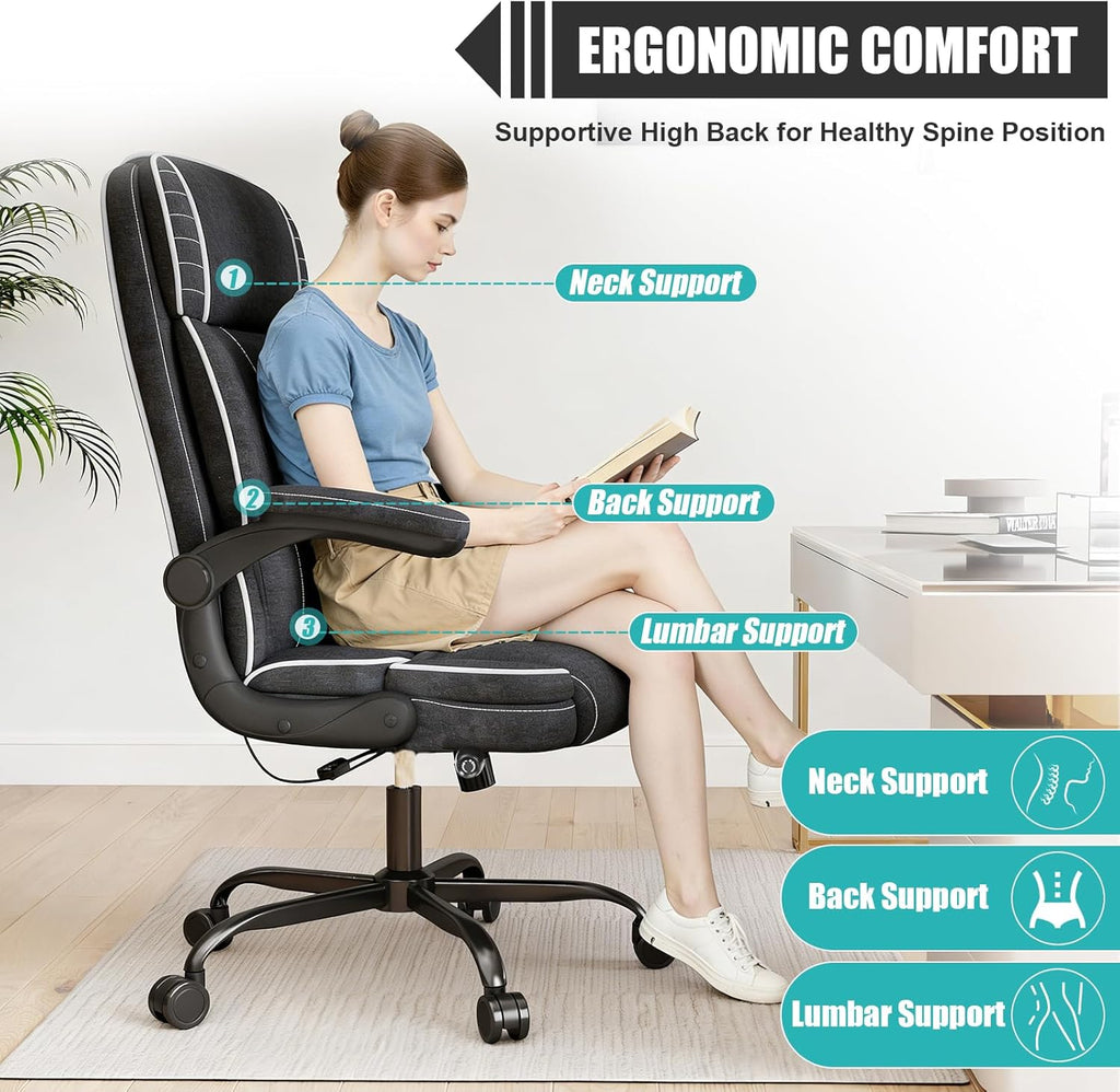 Big and Tall Office Chair with Adjustable Lumbar Support,Breathable Fabric High Back Desk Computer Chair with Adjustable Flip-up Armrests,Ergonomic Swivel PC Chair with Rocking Function