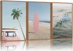 Tinonedraw Large Ocean Beach Framed Canvas Wall Art, Summer Coastal Surfboard Wall Decor, Palm Tree Pink Car Artwork, Modern Surfing Seascape Art Prints for Living Room Bedroom Office 16"x24"x3