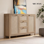 SICOTAS 52" Larger Sideboard Buffet Coffee Bar Cabinet with Storage - Farmhouse Rattan Credenza Storage Cabinet with 3 Drawers and 2 Doors, Boho Console Table for Living Room, Kitchen, Light Oak