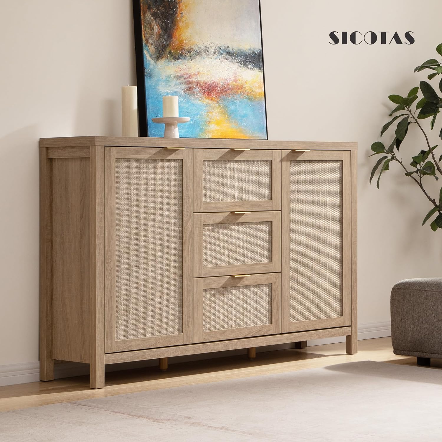 SICOTAS 52" Larger Sideboard Buffet Coffee Bar Cabinet with Storage - Farmhouse Rattan Credenza Storage Cabinet with 3 Drawers and 2 Doors, Boho Console Table for Living Room, Kitchen, Light Oak