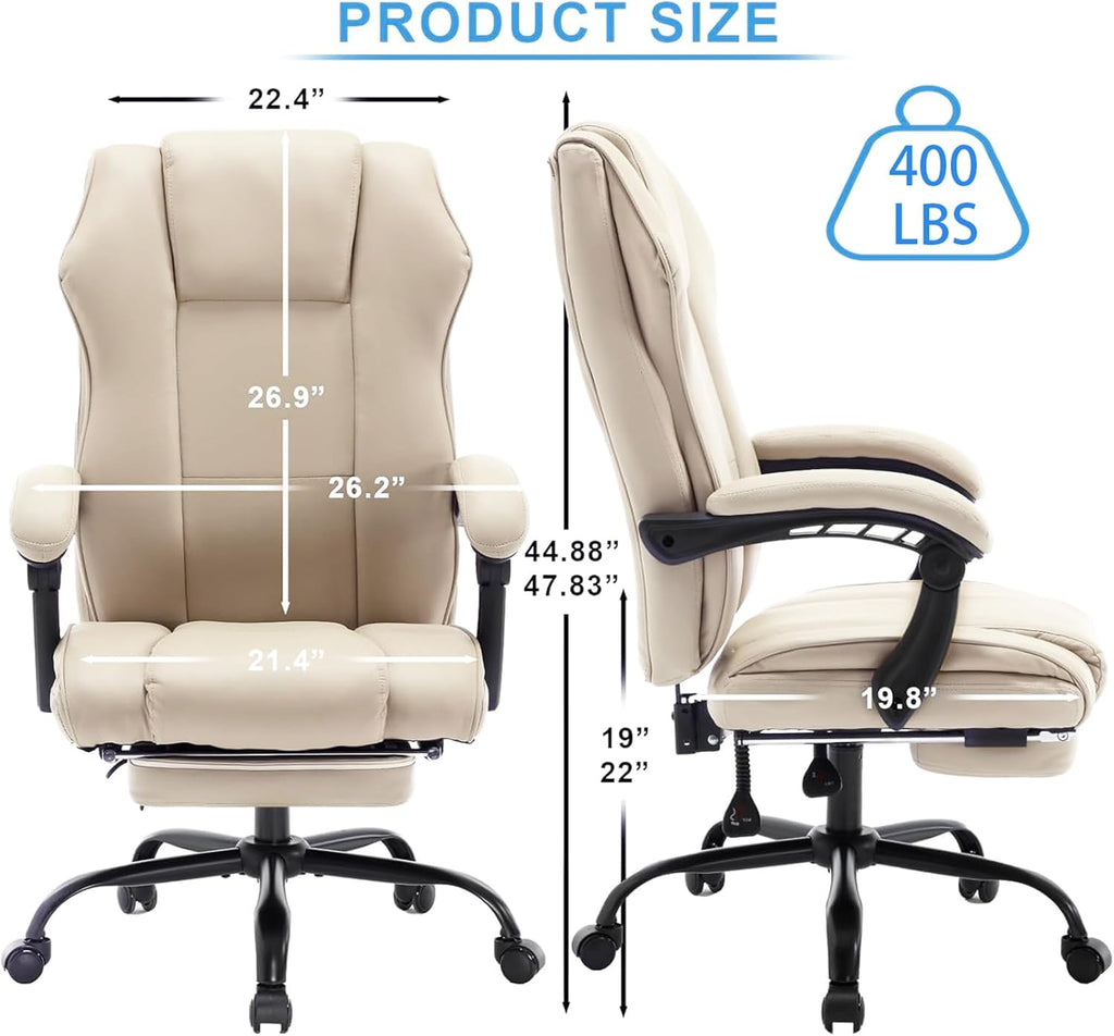Ergonomic Reclining Office Chair with Footrest, PU Leather Comfortable Recliner Office Desk Chair with Leg Rest Wheels,Beige
