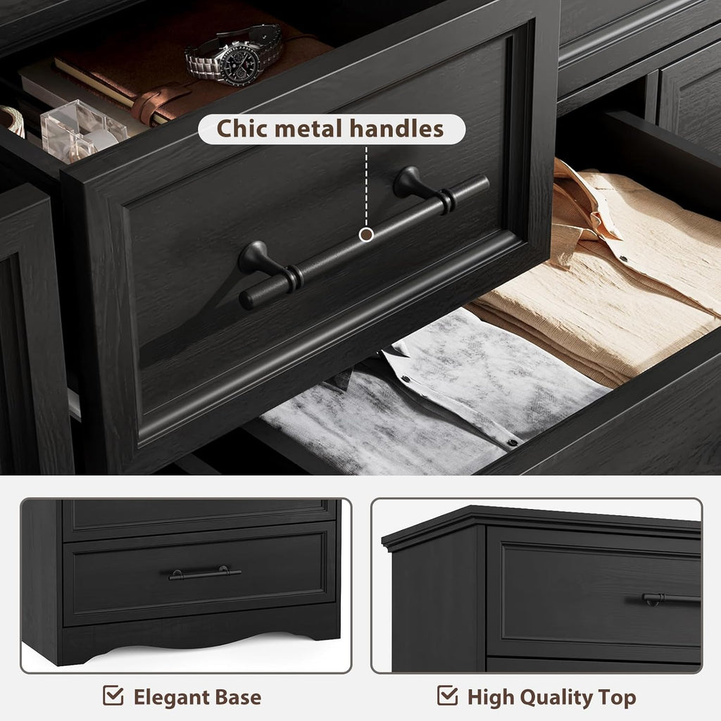 Black Dresser for Bedroom, 10 Drawer Dresser, 59" Wide Chest of Drawers w/Brushed Metal Handle, Wood Dressers TV Stand, Closet Organizers and Storage Cabinet for Bedroom, Living Room, Hallway