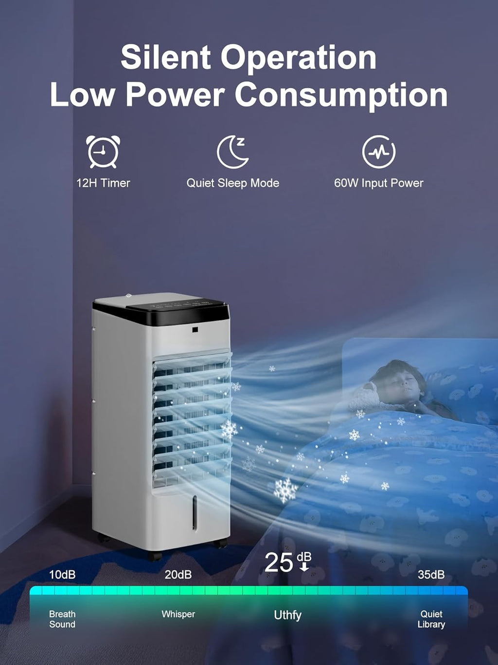 Uthfy Portable Air Conditioners, 3 IN 1 Evaporative Air Cooler with Detachable Water Tank, 6 Ice Packs, 12H Timer, 120° Oscillation, Remote, 3 Speeds, 4 Modes, Swamp Cooler for Bedroom, Office
