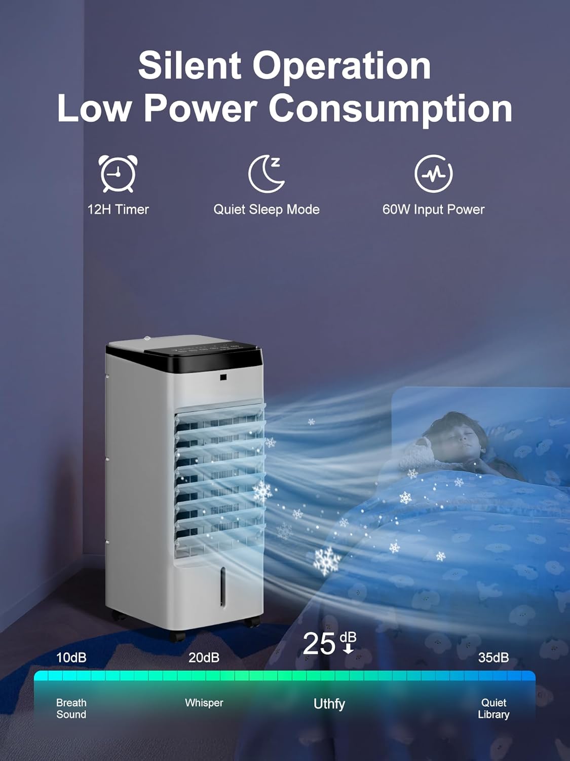 Uthfy Portable Air Conditioners, 3 IN 1 Evaporative Air Cooler with Detachable Water Tank, 6 Ice Packs, 12H Timer, 120° Oscillation, Remote, 3 Speeds, 4 Modes, Swamp Cooler for Bedroom, Office