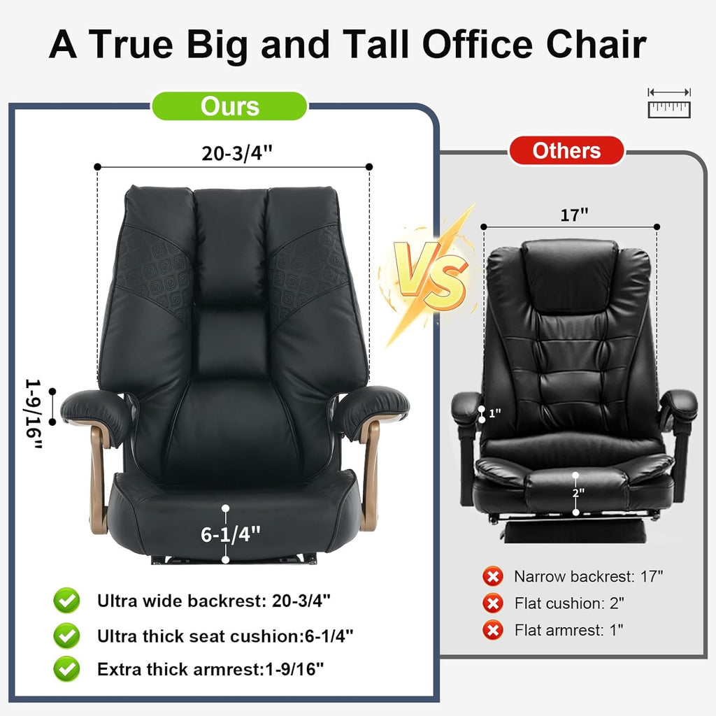 Big and Tall Executive Office Chair with Footrest, 400LBS Capacity Ergonomic High-Back Desk Office Chair with Lumbar Support, Padded Armrests & Thick Cushion, Black PU Leather Chairs
