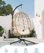 SWITTE Hanging Egg Chair with Stand, Outdoor Indoor Rattan Wicker Egg Swing Chair with Cushion, Heavy Duty Patio Hammock Chairs for Garden Backyard Balcony Bedroom, 400LBS Capacity, Cream