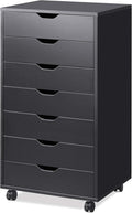 DEVAISE 7-Drawer Office Cabinets, Wood Storage Drawer File Cabinet with Wheels, Black