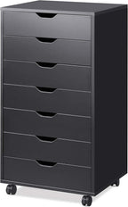 DEVAISE 7-Drawer Office Cabinets, Wood Storage Drawer File Cabinet with Wheels, Black