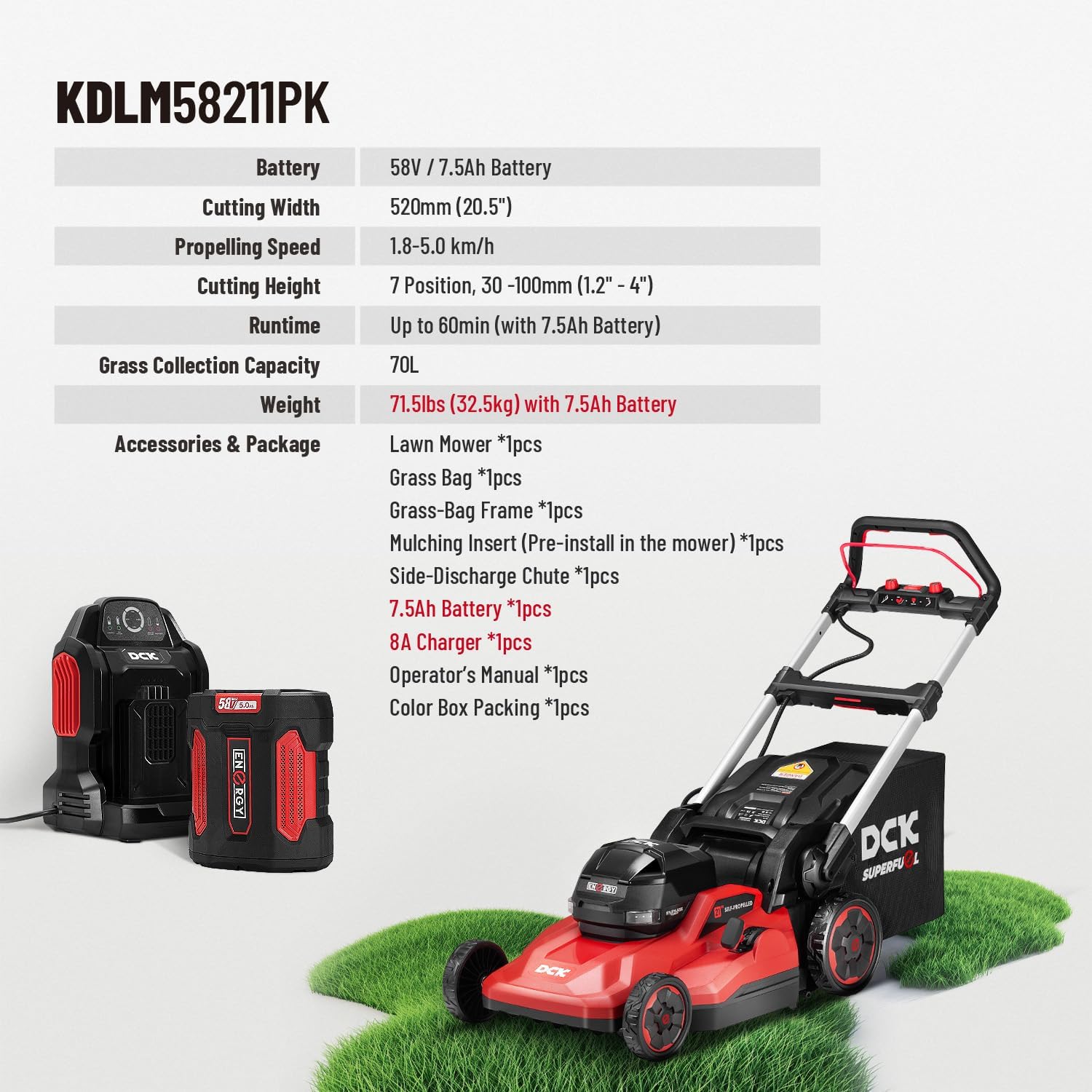 58V 21" Electric Lawn Mower Cordless Self-Propelled Lawn Mower  Brushless Motor  3-in-1 (Mowing/Collecting/Mulching)  7 Cut Heights  Foldable  LED Light  7.5Ah Battery & Charger(60Min runtime)