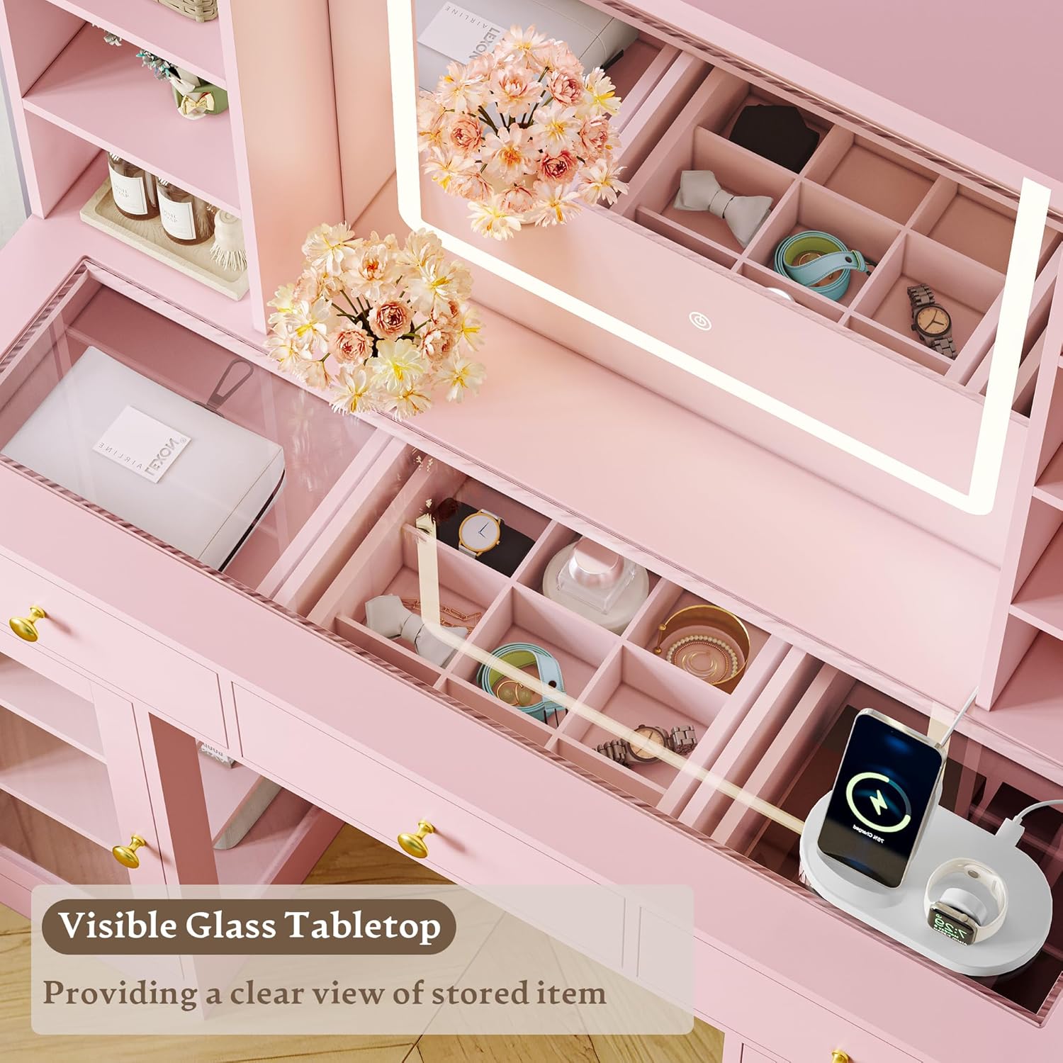 Makeup Vanity Desk with HD Lighted Mirror & Power Outlet, Glass Top Vanity Table Set with Storage Drawers & RGB Cabinets, Large Dressing Table with 3 Lighting Modes for Bedroom Women Girls Kids, Pink