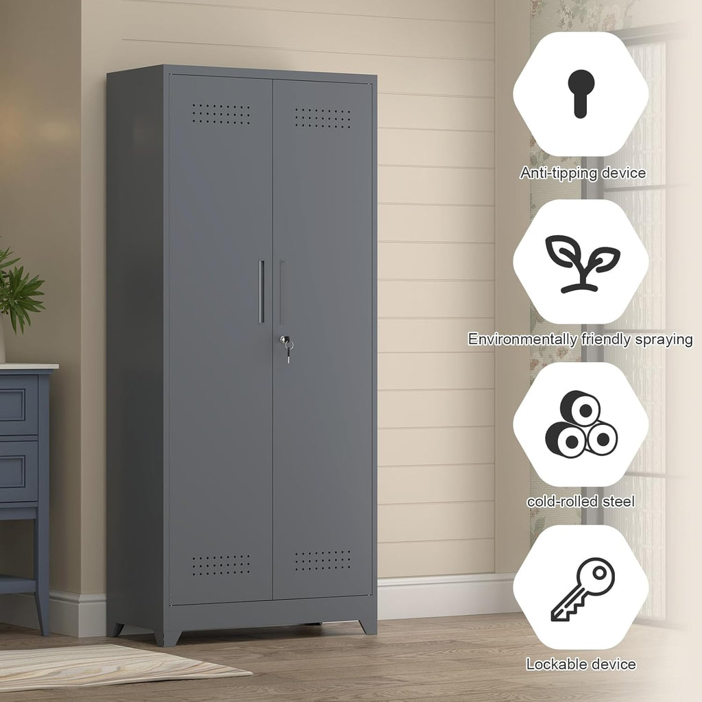 73" H Garage Storage Cabinet,Broom Closet Storage Cabinet with Adjust Shelves,Utility Cabinet,Utility Closet for Garage,Office,Gray