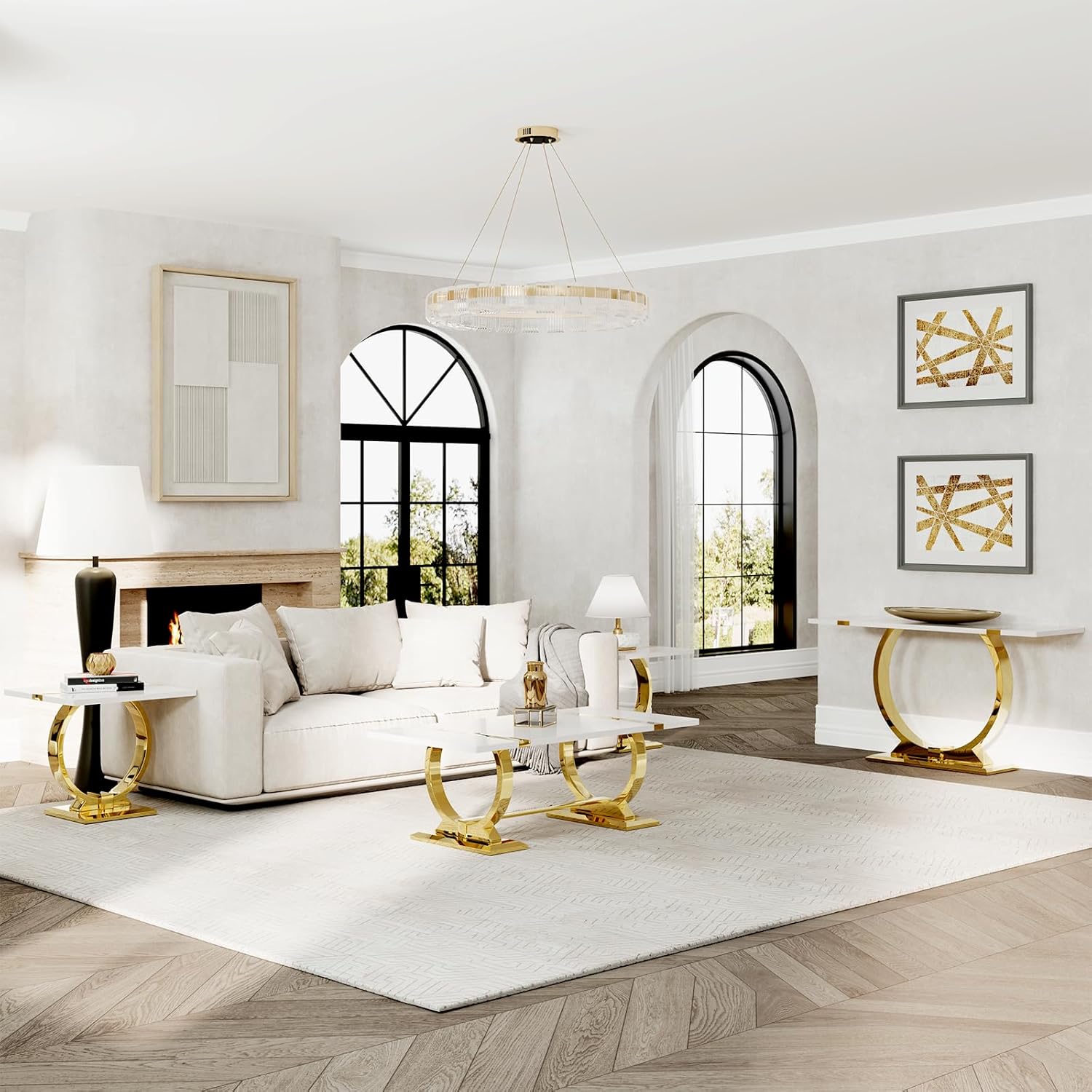 Asday 2 Pieces Modern Living Room Table Set, Wood Coffee Table and Console Table with U-Shape Golden Metal Frame, White and Gold