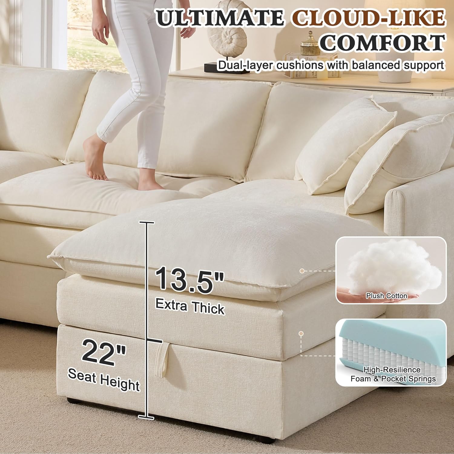 Ihanherry 135” Modular Sectional Sofa with Storage, U Shaped Cloud Couch with Movable Ottomans & 4 Pillows, Chenille Deep Seat Sectional Couches for Living Room, Apartment (Beige)