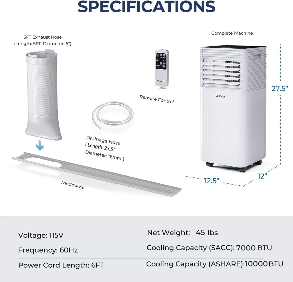 COSTWAY Portable Air Conditioner, 8000 BTU AC Unit Spaces up to 230sq.ft, with Remote Control, 24H Timer & Window Venting Kit, Sleep Mode, Suitable for Bedroom, Living Room, Office (Black, 8000BTU)