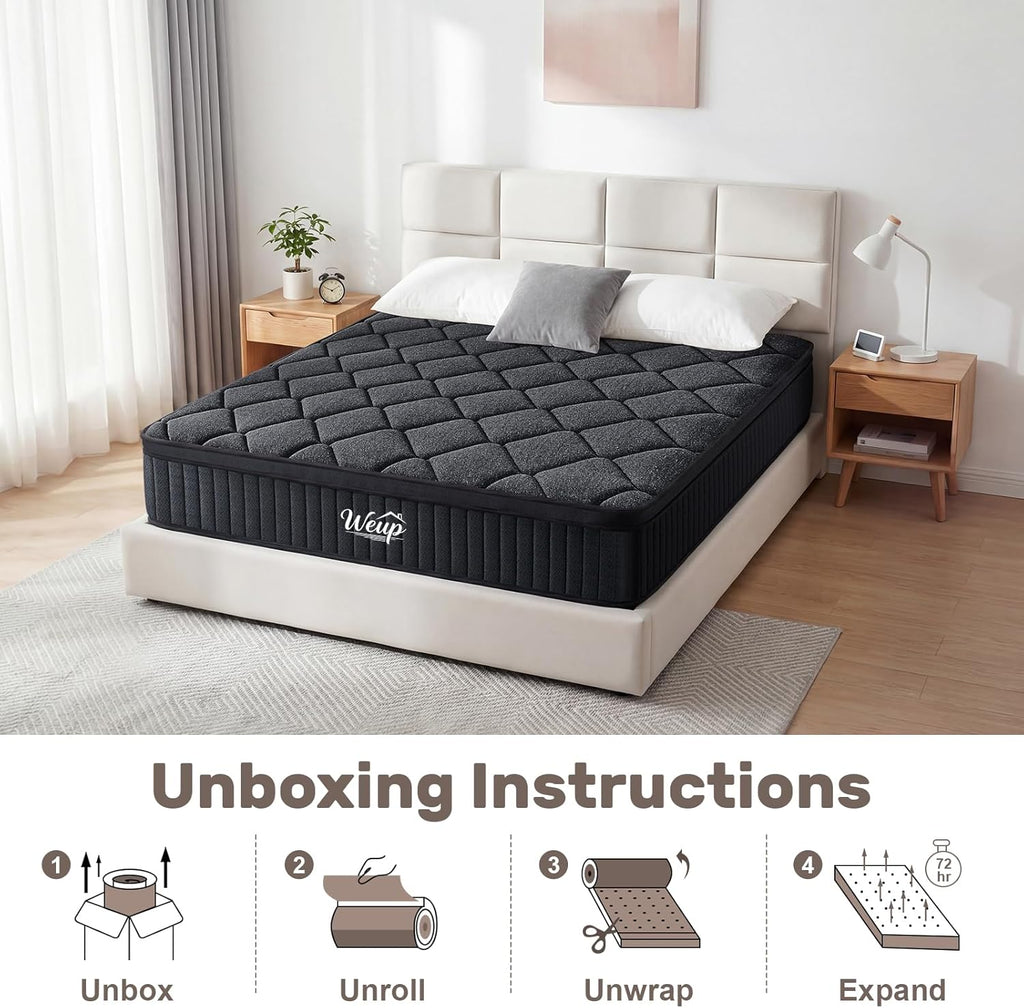 WEUP King Size Mattress, 12 Inch Hybrid Memory Foam Mattress in a Box, Individual Pocket Springs for Pressure Relief, Motion Isolation, Medium Firm Feel, CertiPUR-US Certified（Gray）