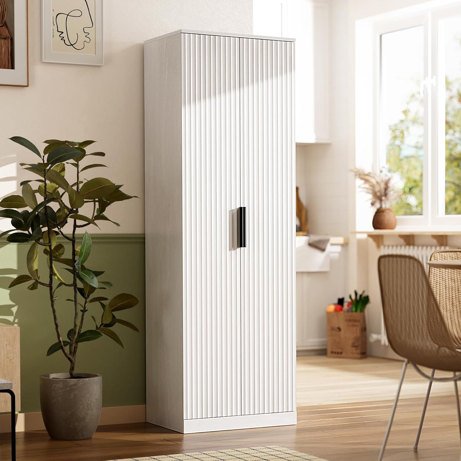 VINGLI 70" Modern Pantry Cabinet,Tall Storage Cabinet with Fluted Doors and Adjustable Shelves for Dining Room, Kitchen, Office, and More in White
