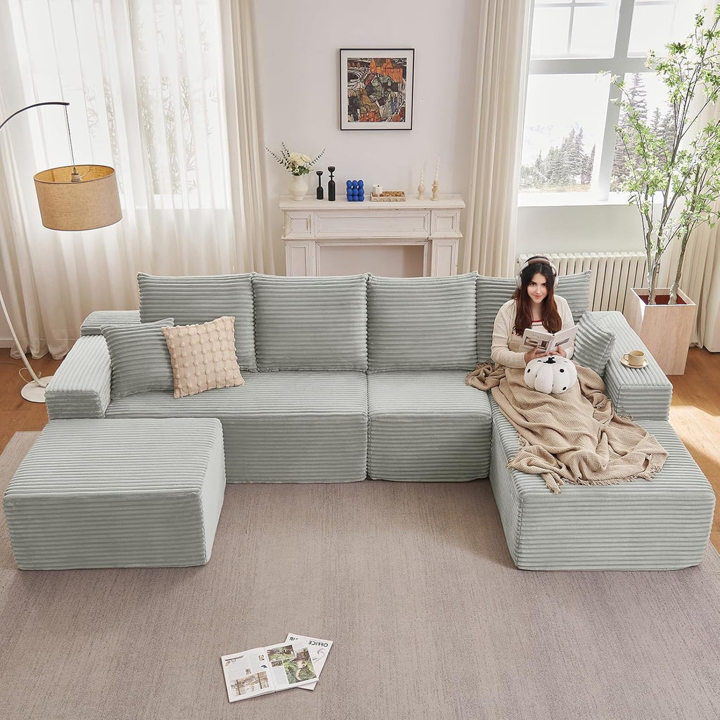 135.4" Modular Sectional Sofa with Ottoman, Modern Corduroy Cloud Couch with Deep Seat, Boneless Couch Upholstered 4-Seater U-Shaped Sofa for Living Room, No Assembly (Grey, Right-Facing Chaise)