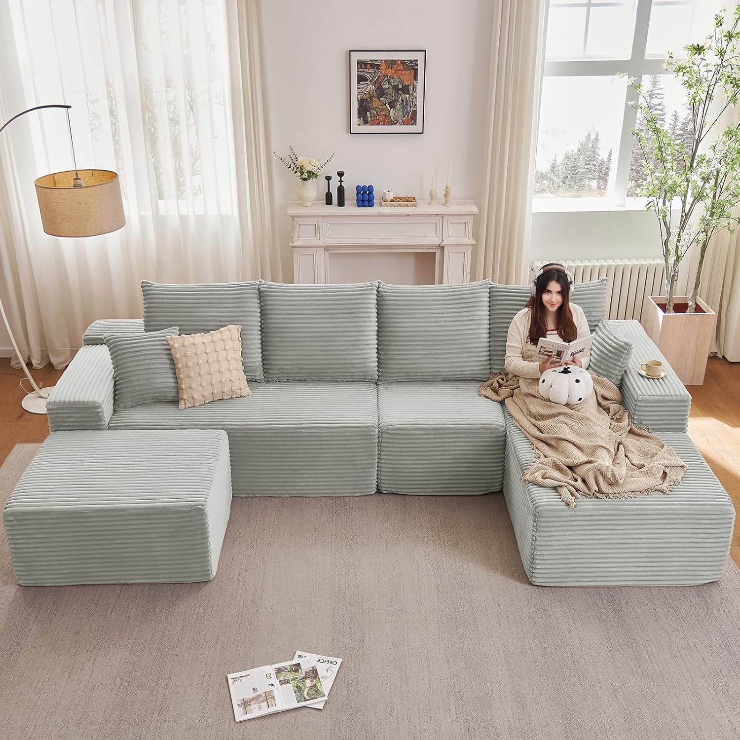 135.4" Modular Sectional Sofa with Ottoman, Modern Corduroy Cloud Couch with Deep Seat, Boneless Couch Upholstered 4-Seater U-Shaped Sofa for Living Room, No Assembly (Grey, Right-Facing Chaise)