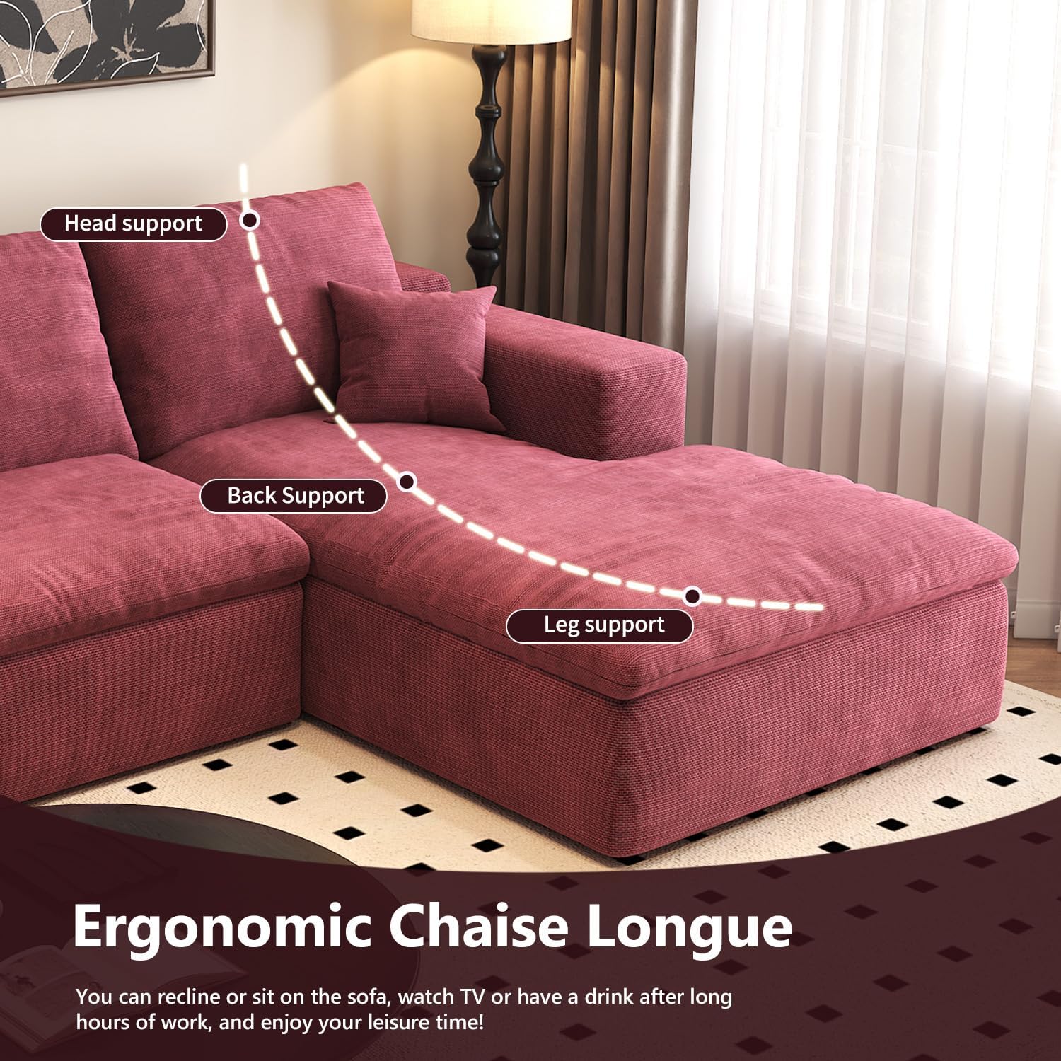 107'' U-Shaped Modern Modular Sectional Cloud Couch Whit Ottoman, 4-Seat Chenille Deep-Seat Sofa with Pillow for Living Room, Bedroom, Apartment, Wine Red