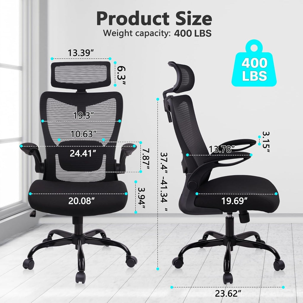 CLATINA Heavy Duty Ergonomic Mesh Office Chair 400LBS, Big and Tall Desk Chair with Adjustable Lumbar Support & Headrest, Flip Up Padded Arms, High Back Computer Chair for Home Office, Black, 8 Pack