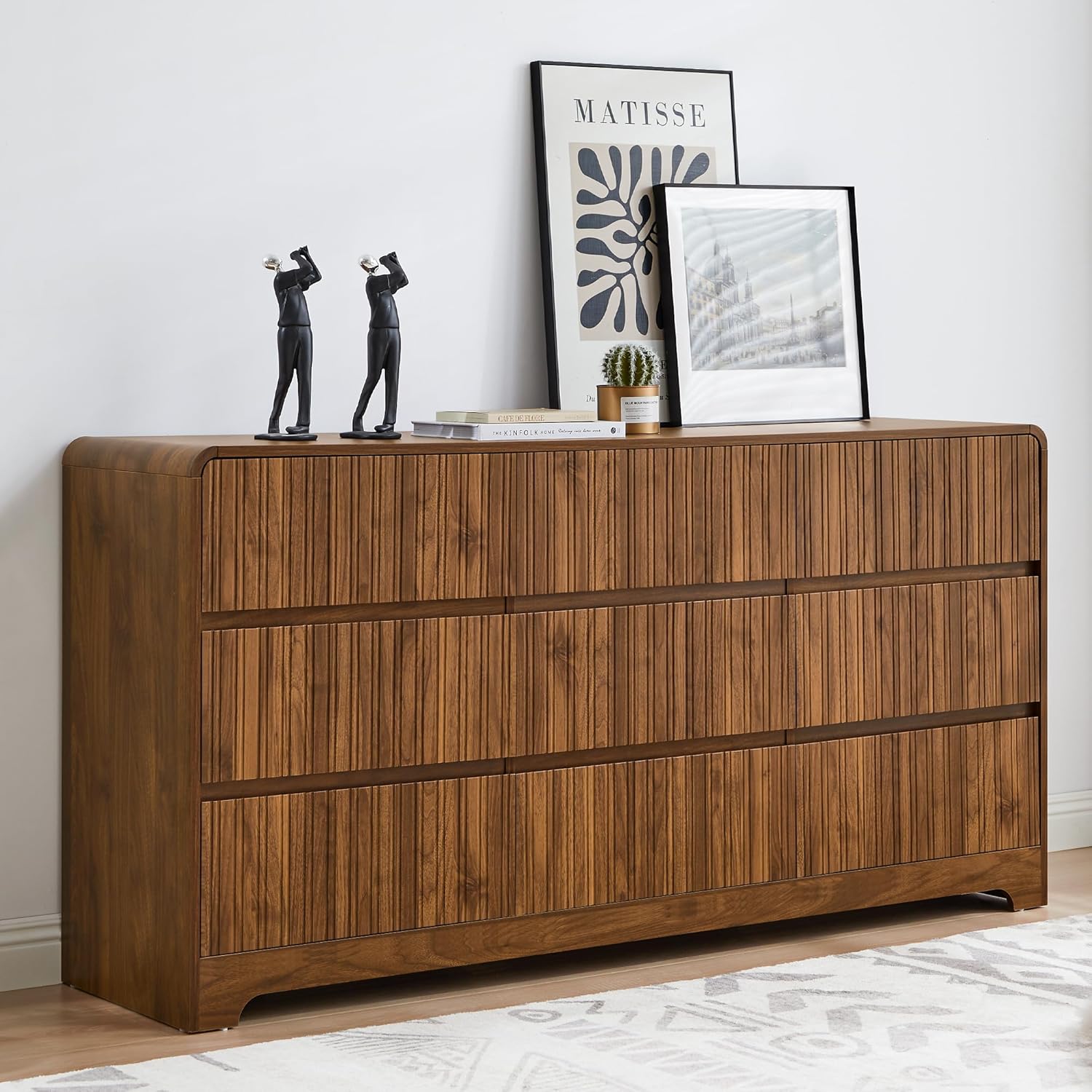 MERRYBERRY Fluted Dresser for Bedroom with 9 Drawers,63" Wide Modern Chest of Drawers with Curved Profile & Deep Drawer,Large Wood TV Dresser for Bedroom Living Room