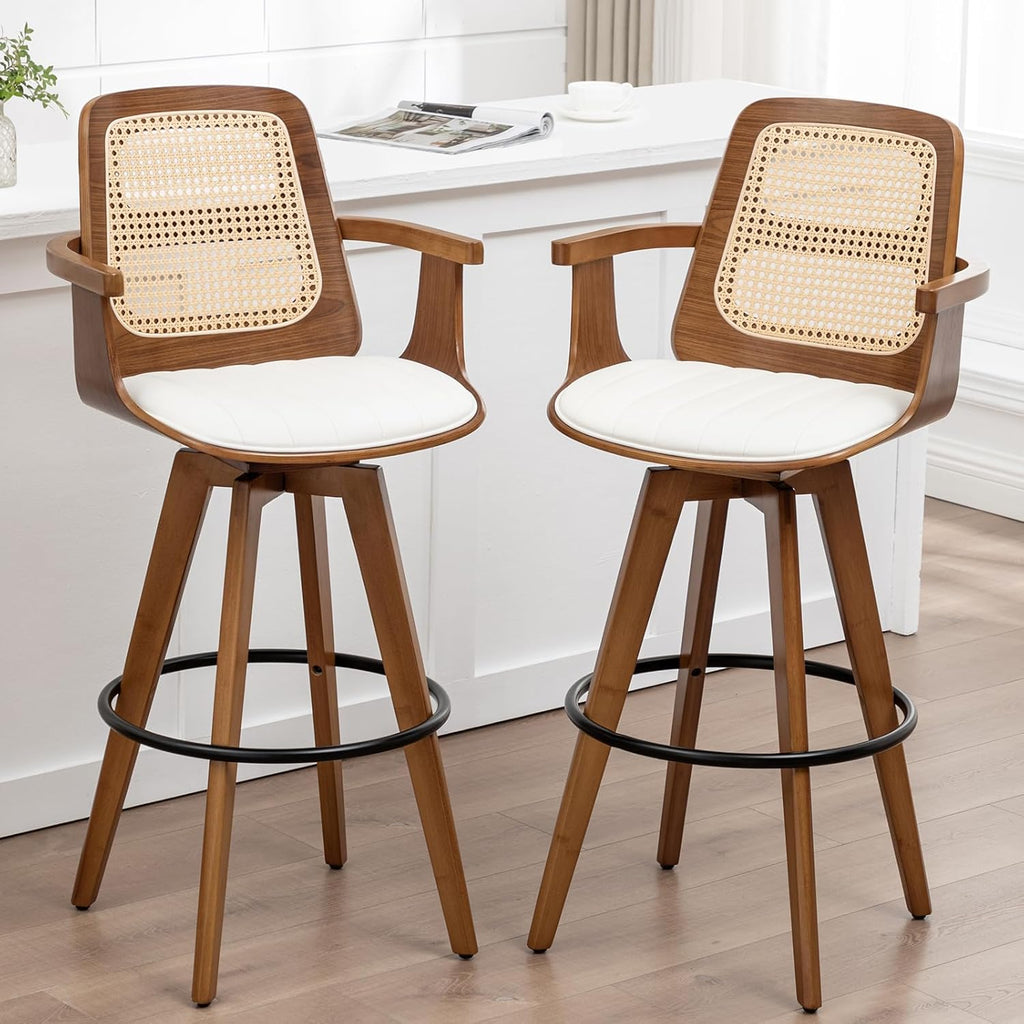 Counter Height Stools Set of 2, 26.3" Seat Height 360° Swivel Stools with Ergonomic Rattan Back, Faux Leather Seat, Bamboo Legs with Walnut Finish, Mid-Century Style (Cream)