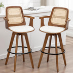 Counter Height Stools Set of 2, 26.3" Seat Height 360° Swivel Stools with Ergonomic Rattan Back, Faux Leather Seat, Bamboo Legs with Walnut Finish, Mid-Century Style (Cream)