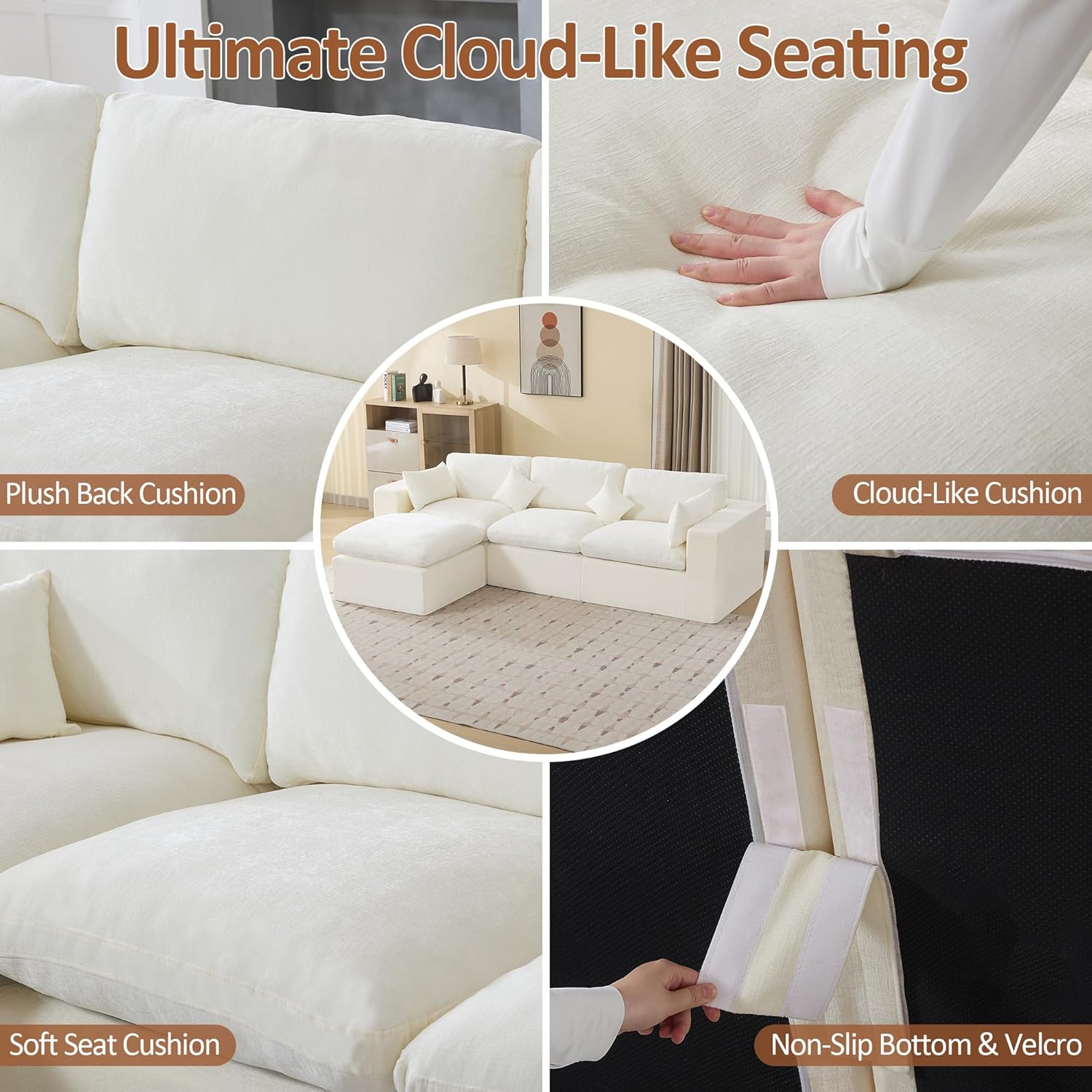 115''Cloud Boneless Sectional Couch, Modular Sectional Sofa Deep Seat with Ottoman, Oversized Upholstered Convertible Comfy 4 Seater Chenille Sofa L Shape Couches for Living Room, Beige