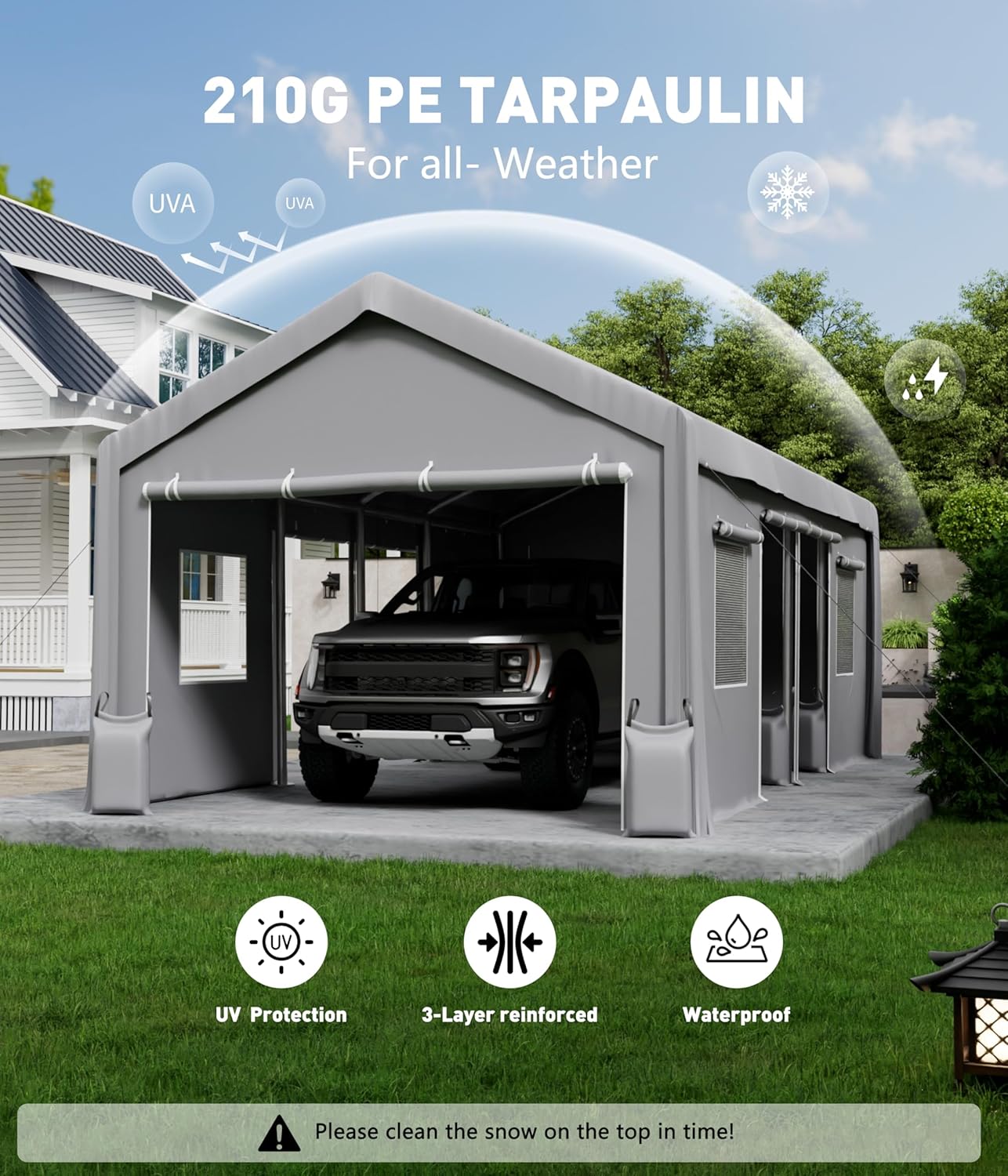 13x25 ft Carport Canopy Replacement Cover, Heavy Duty 200G PE Waterproof Canopy Top, UV-Resistant & Windproof Tarp for Outdoor Carport Tent, Patio, Car, Boat & Garage-Grey