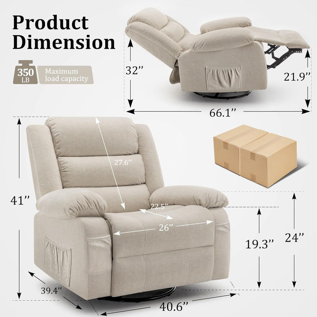 Recliner Chair, Wide Rocker Chair, Rocking Chair with Massage and Heat,360°Swivel Nursery Rocking Chairs, Oversized Recliner for Adults, Cashmere Reclining Sofa for Living Room, Beige