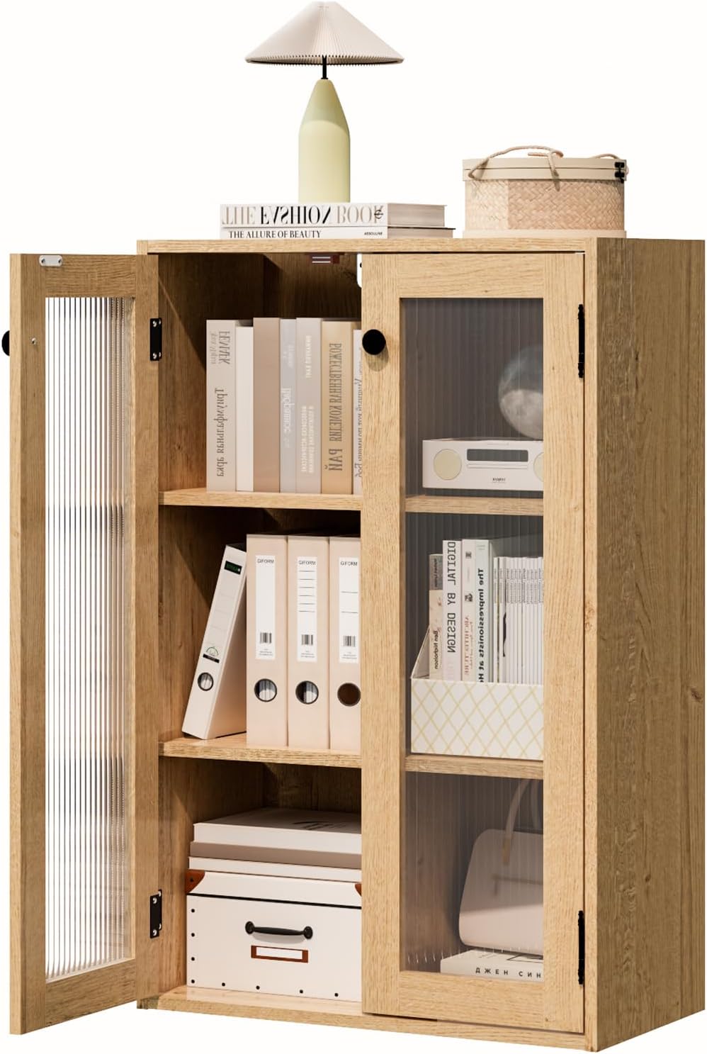 Glass Door Bookcase, Metal Display Cabinet with 2 Fixed Shelves, Wall-Mountable, Anti-Tip Safe Design, Compact Storage for Home Office, Kitchen, Living Room (Wood Tone)