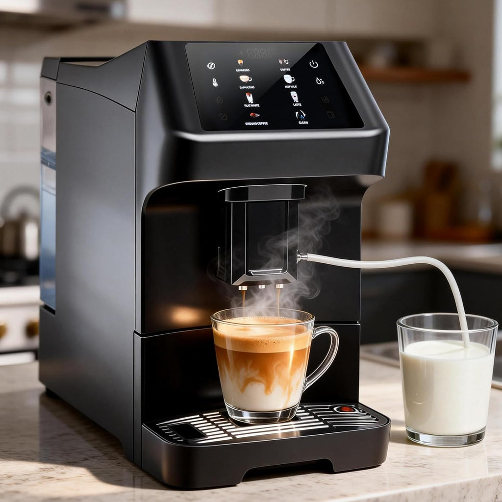 Automatic Espresso Coffee Machine with Grinder and Milk Frother, 19 Bar Pressure Extraction, Auto Cleaning & Descaling Function - for Latte, Cappuccino, Americano, Flat White, Iced & Hot Coffee