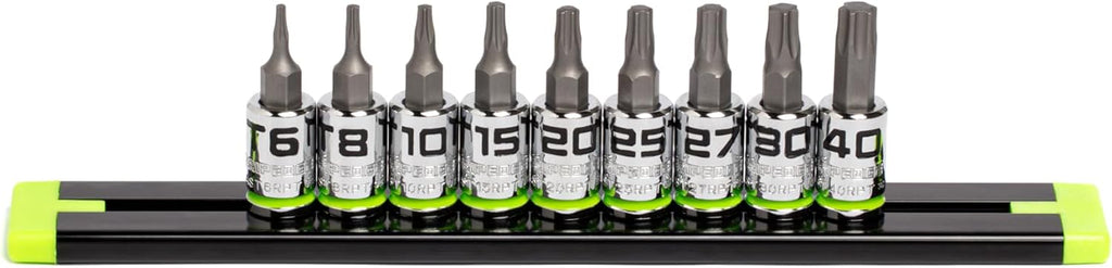 GRIPEDGE Tools | 9PC RPT Star Driver Set | Sizes T6 - T40 | 1/4'' Drive | Made With S2 Steel | Includes Premium Aluminum Socket Rail |