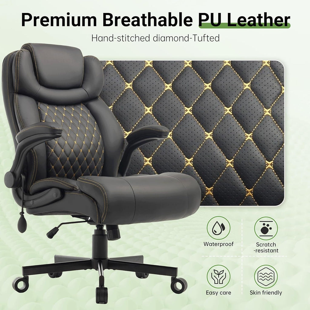 Office Chair, Big and Tall Executive Chairs with Lumbar Support for Back Pain, Breathable Desk Computer Chair with Adjustable Flip-up Armrests, Wide Cushion Swivel Home Office Chair Black PU
