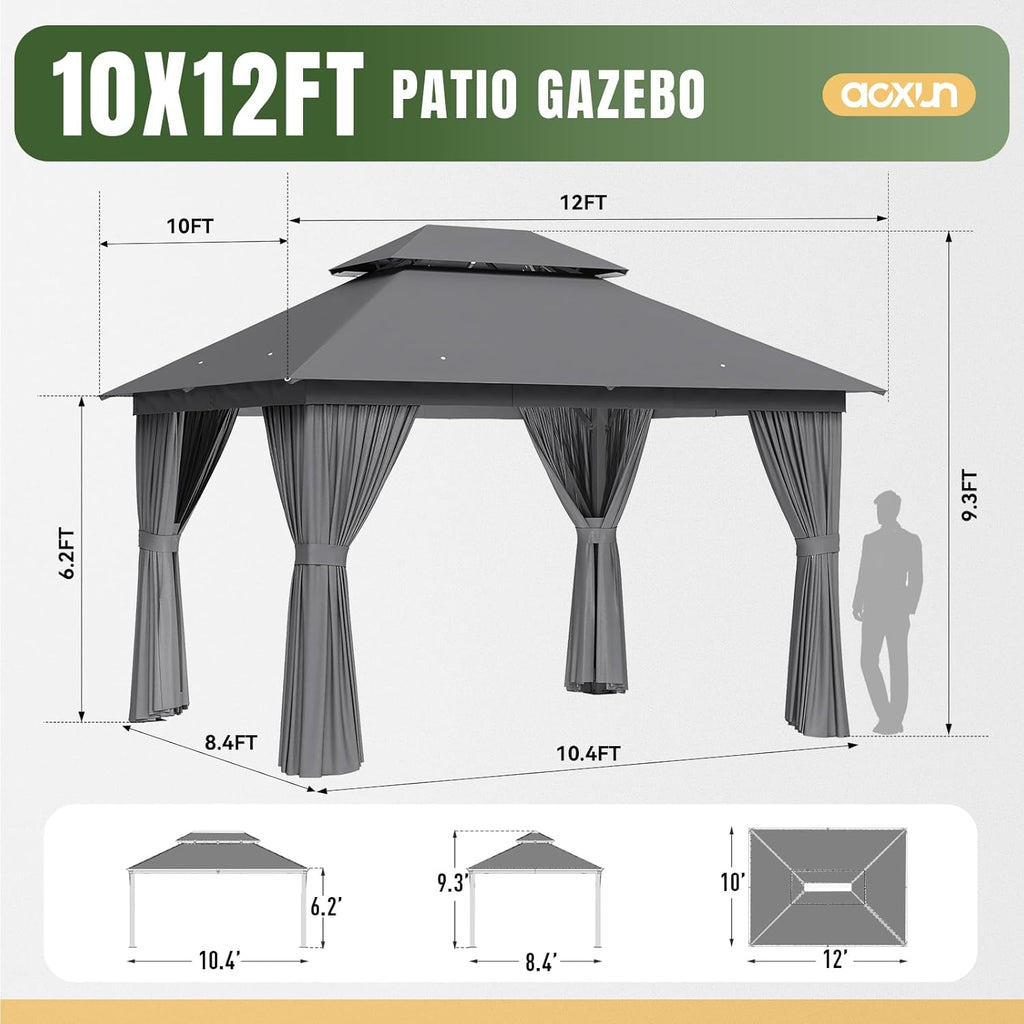 Aoxun Outdoor Gazebo for Patio 10x12  Metal Frame Canopy with Double Roofs  Heavy Duty Party Tent and Shelter with Mosquito Netting and Privacy Screen for Backyard  Lawn  Garden  Deck