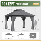 Aoxun Outdoor Gazebo for Patio 10x12  Metal Frame Canopy with Double Roofs  Heavy Duty Party Tent and Shelter with Mosquito Netting and Privacy Screen for Backyard  Lawn  Garden  Deck