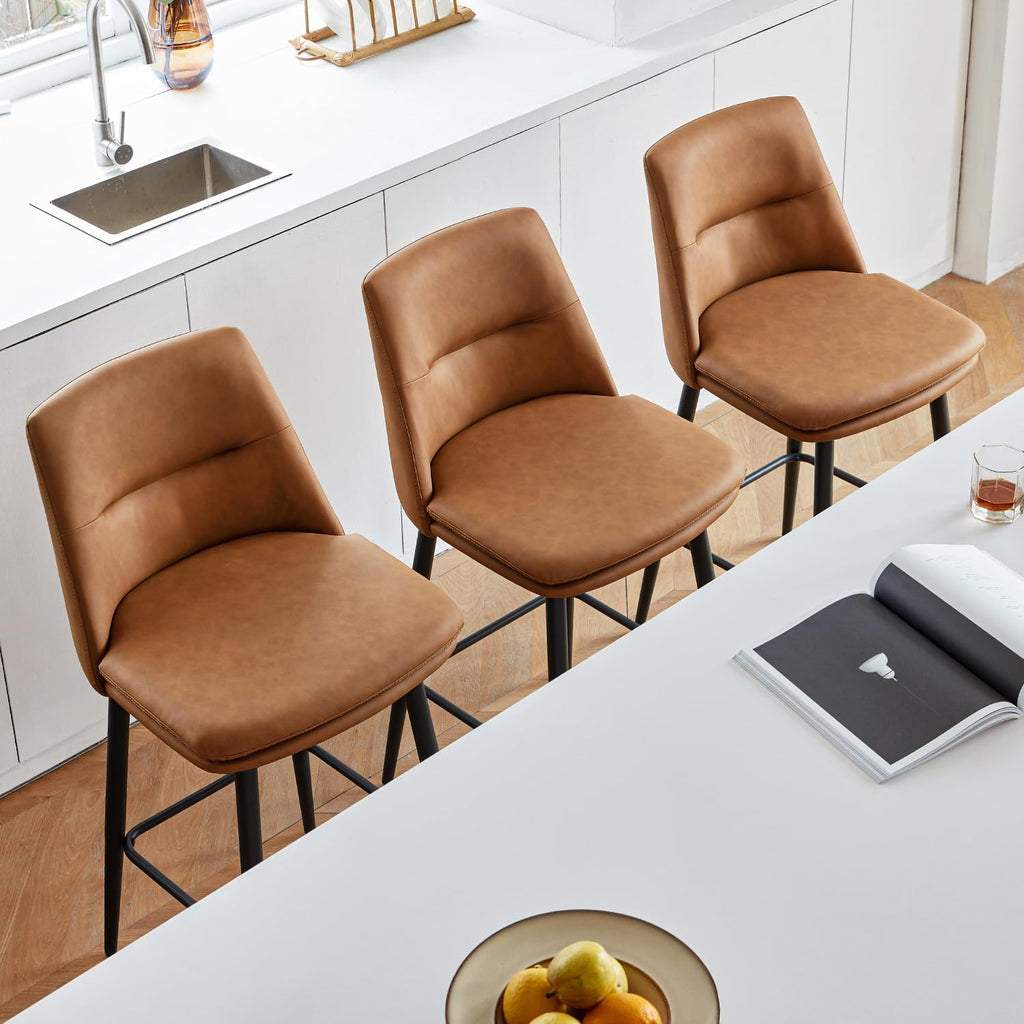 Brown Counter Height Bar Stools Set of 3, 26 Inch Seat Height with Back and Metal Legs, 360° Swivel Upholstered Faux Leather Swivel Bar Stools