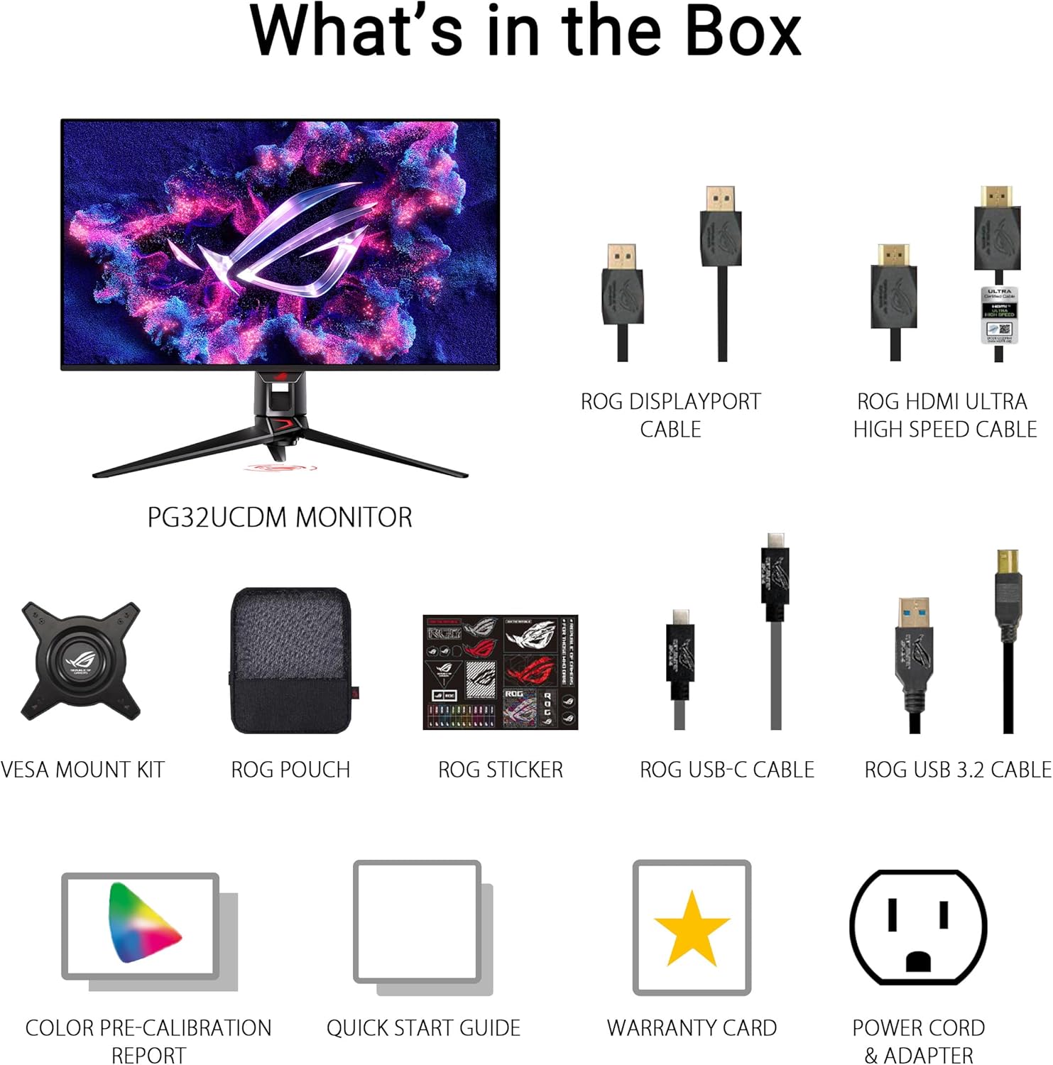 ASUS ROG Swift 32” 4K OLED Gaming Monitor (PG32UCDM) - UHD (3840 x 2160)  QD-OLED  240Hz  0.03ms  G-SYNC Compatible  Custom Heatsink  Graphene Film  99% DCI-P3  True 10-bit  90W USB-C