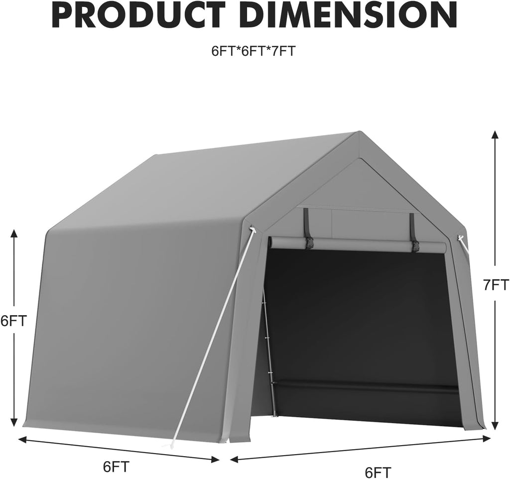 GarveeHome 6 x 6 Ft Carport Storage Shed, Portable Garage with Roll-Up Zipper Door, Heavy Duty Waterproof Tarp, Storage for Motorcycle, Bike, Firewood, Garden Tools, Grey